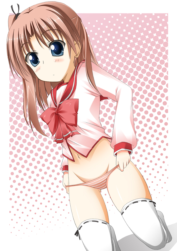 1girl, maaryan, panties, ribbon-trimmed_legwear, ribbon_trim, shio, solo, striped