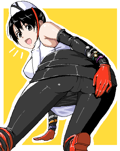 1girl, akiyama_rina, all_fours, arm_support, armpits, ass, bent_over, black_hair, breasts, elbow_gloves, from_behind, gloves, grey_eyes, happy, hat, kamen_rider, kamen_rider_den-o, kamen_rider_den-o_(series), looking_back, lowres, miniskirt, naomi_(den-o), oekaki, pantyhose, simple_background, skirt, smile, solo
