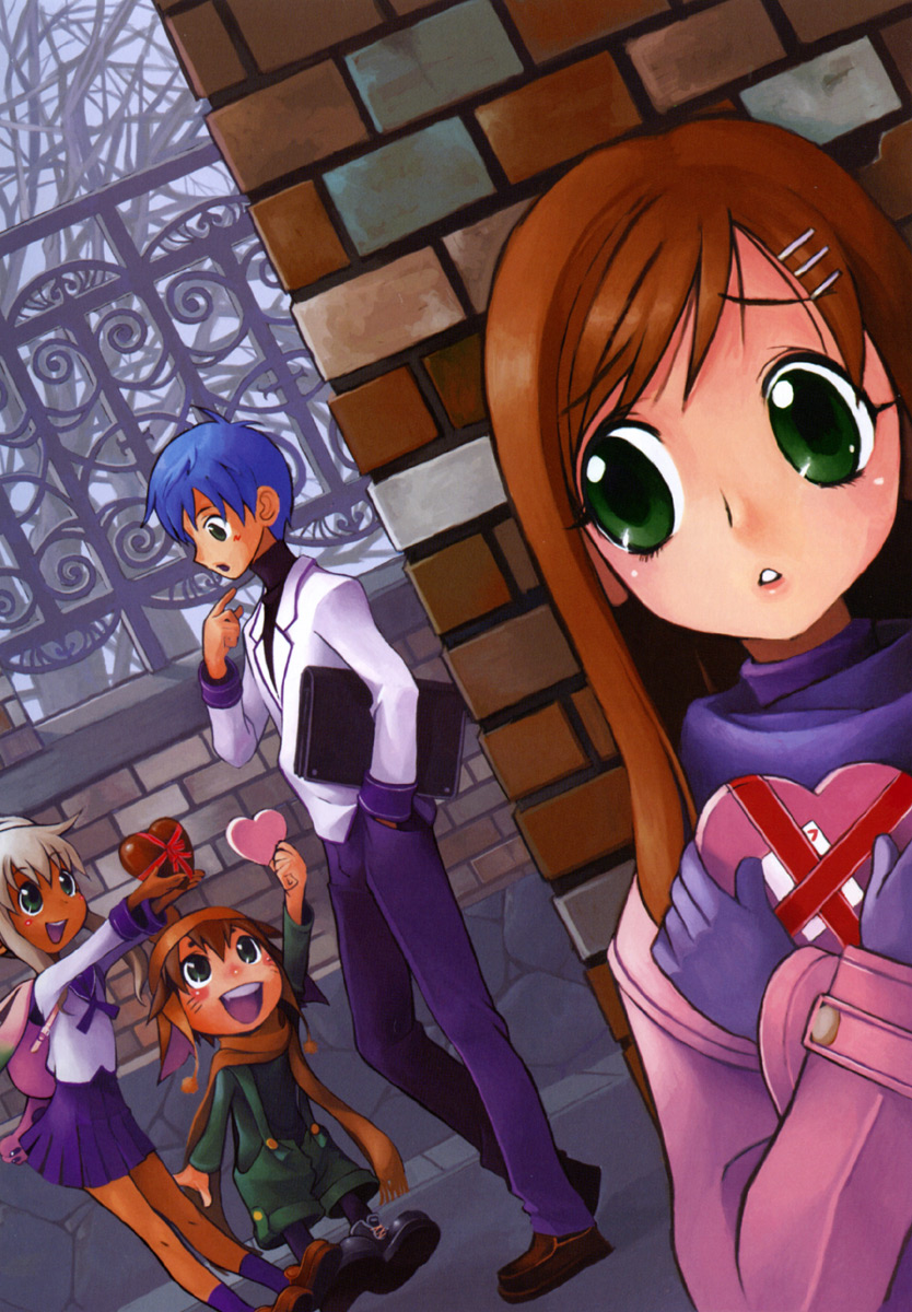 2boys, 2girls, blue_hair, brick_wall, brown_hair, chocolate, dark_skin, dutch_angle