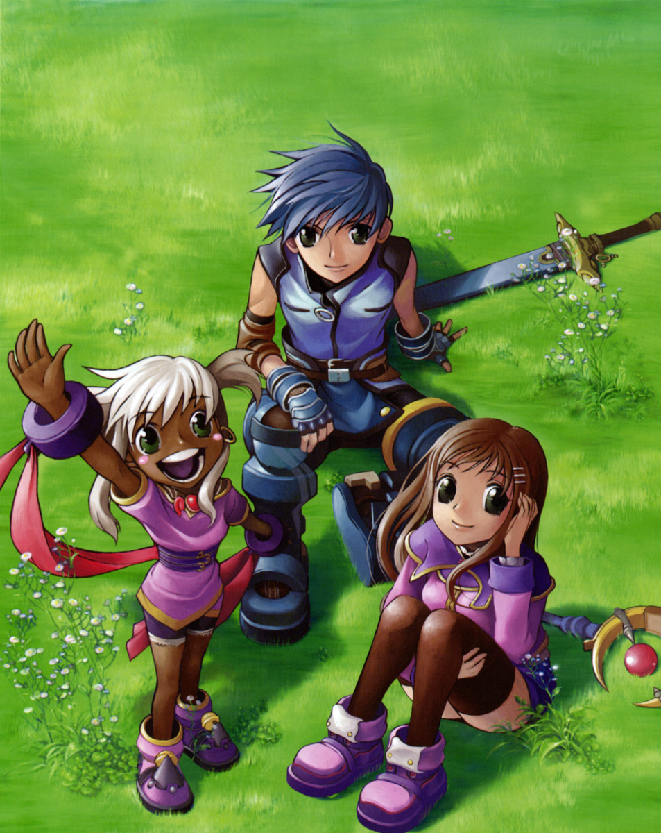 1boy, 2girls, blue_hair, dark_skin, fayt_leingod, fingerless_gloves, gloves, grass