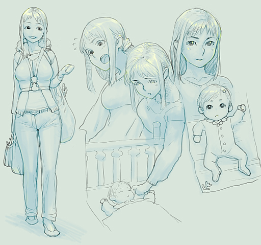1girl, baby, breasts, denim, family, jeans, long_hair, looking_at_viewer