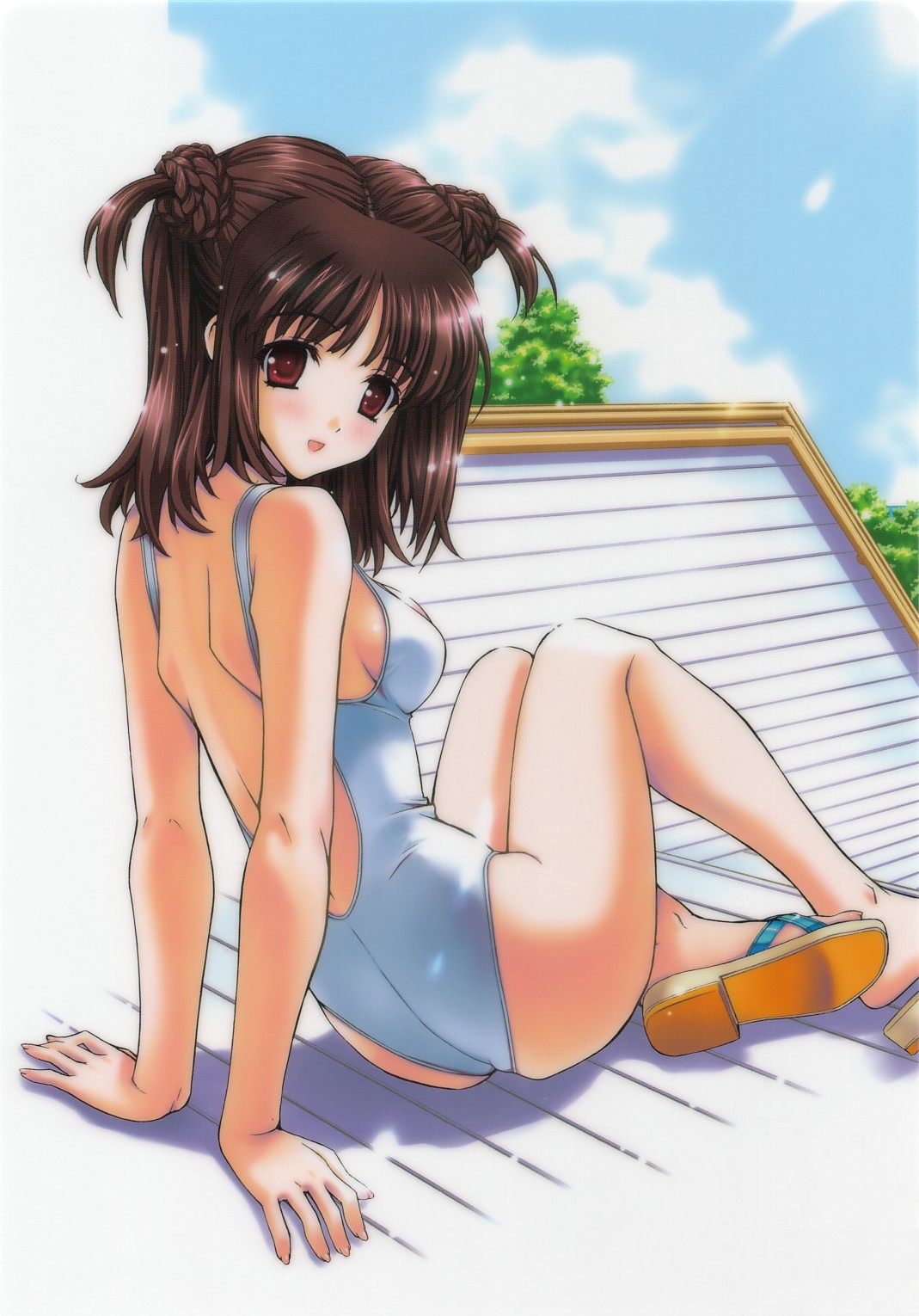 1girl, arms_behind_back, back, blush, breasts, brown_hair, casual_one-piece_swimsuit, double_bun