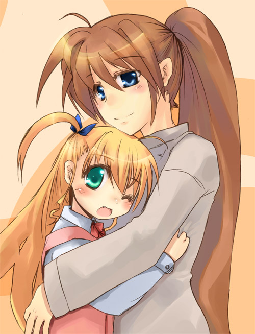2girls, ;d, ahoge, blue_eyes, blush, dress, height_difference, hug