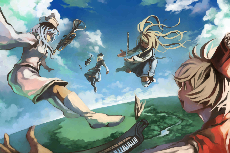4girls, artist_request, clouds, female, flute, instrument, keyboard, keyboard_(instrument)