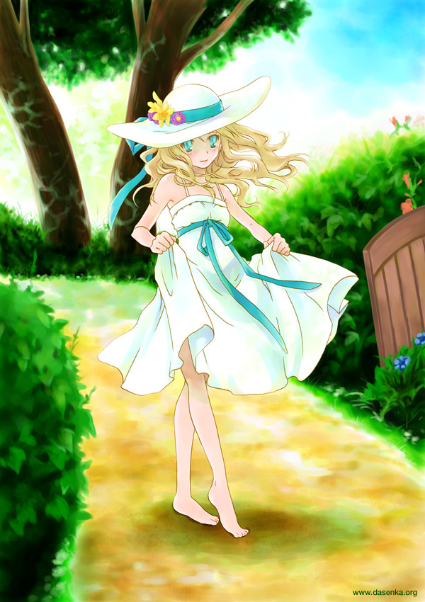 barefoot, blonde_hair, dress, feet, flat_chest, hat, kurafuji_sachi, original