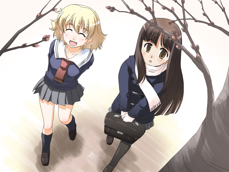 2girls, black_legwear, multiple_girls, original, osamada_meika, pantyhose, scarf, school_uniform
