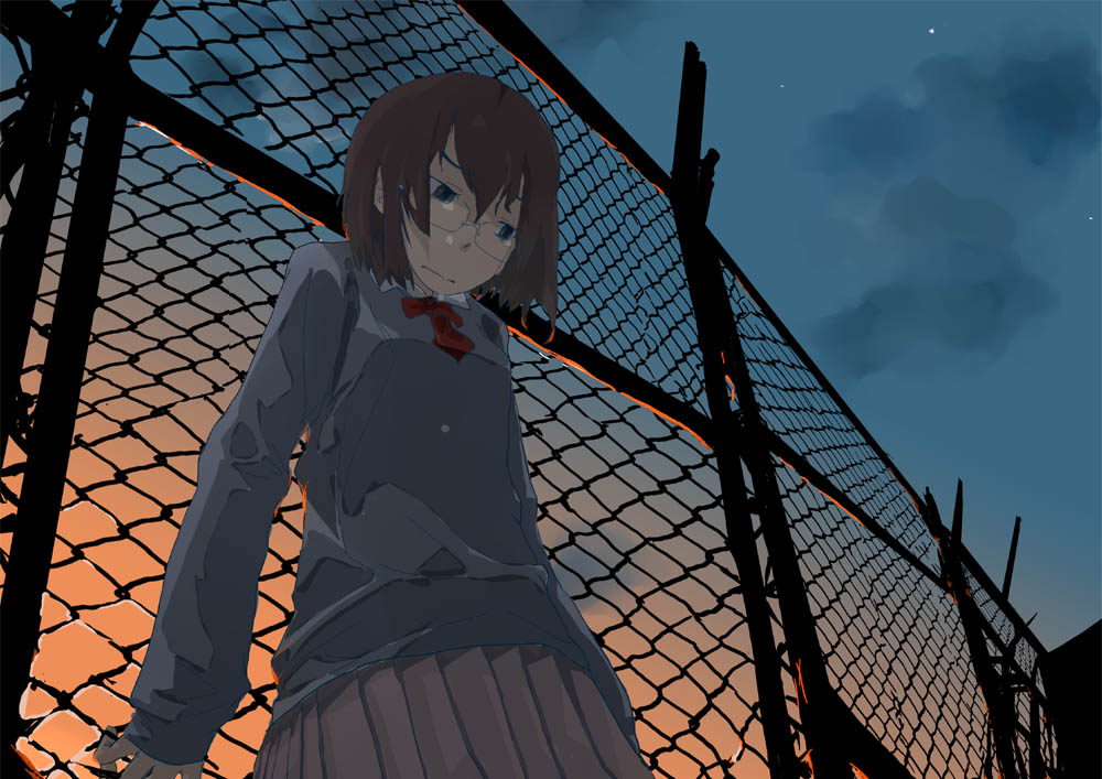 1girl, chain-link_fence, dusk, evening, fence, glasses, keisan, original
