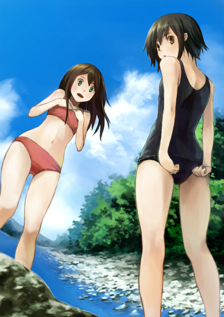 2girls, ass, bikini, brown_hair, flat_chest, houru, lake, looking_back