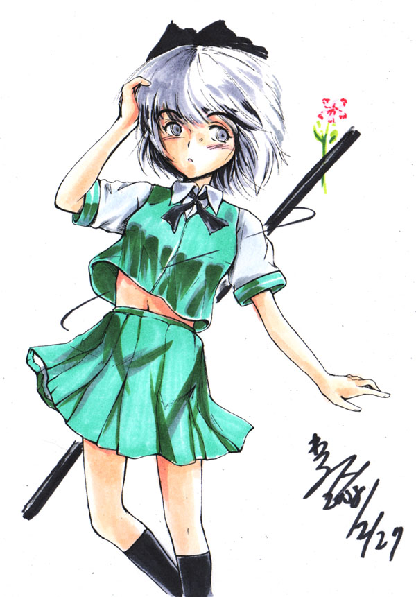 1girl, asuima, black_legwear, blue_eyes, cowboy_shot, female, flower, green_skirt