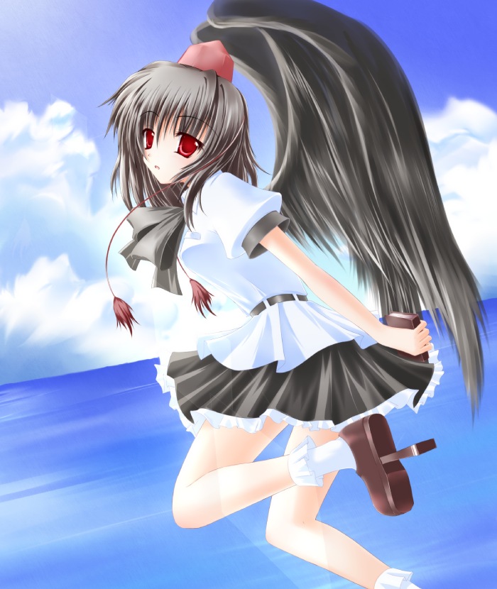 1girl, bangs, belt, black_hair, black_wings, bobby_socks, book, bow