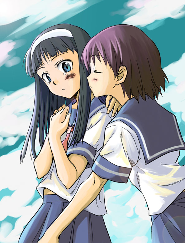 2girls, blue_drop, incipient_kiss, multiple_girls, niina_ryou, school_uniform, senkouji_hagino, serafuku