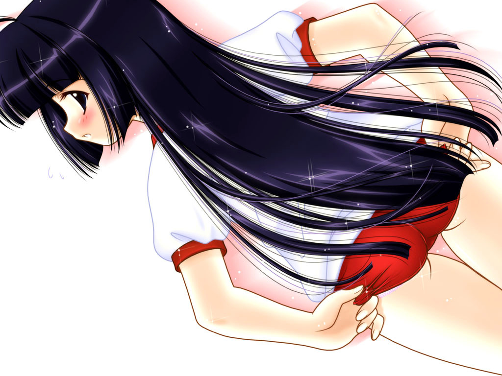 ass, bangs, black_eyes, black_hair, blunt_bangs, blush, buruma, from_behind