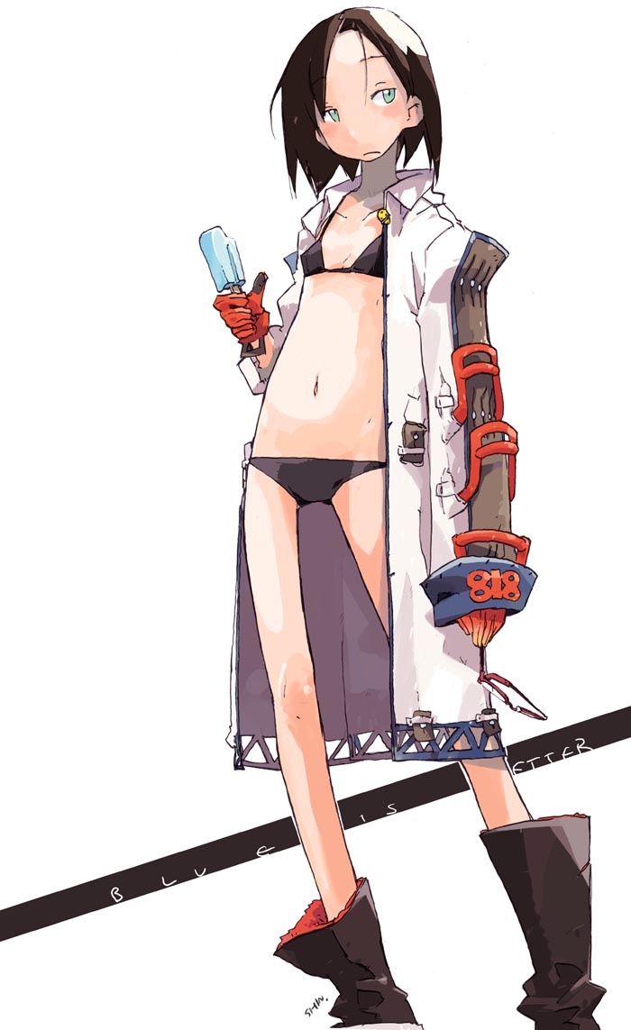 bikini, boost, boots, flat_chest, gloves, hashimoto_shin, jacket, lowleg
