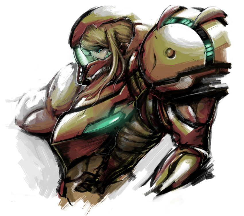 armor, blonde_hair, blue_eyes, damage, damaged, helmet, kuru, metroid
