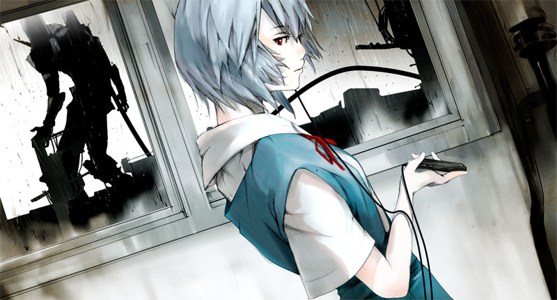 1girl, ayanami_rei, blue_hair, earphones, eva_01, hanaosutarou, headphones, neon_genesis_evangelion