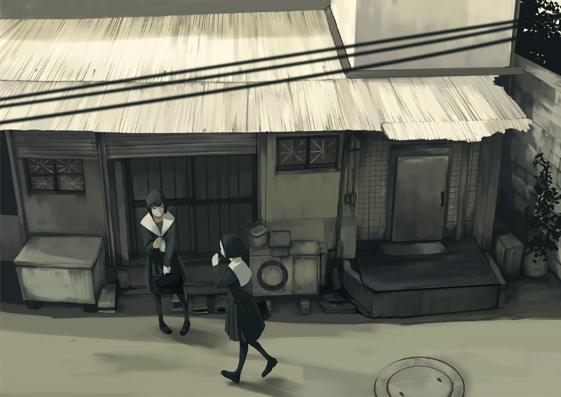 2girls, hanaosutarou, house, multiple_girls, original, pantyhose, pigeon-toed, school_uniform