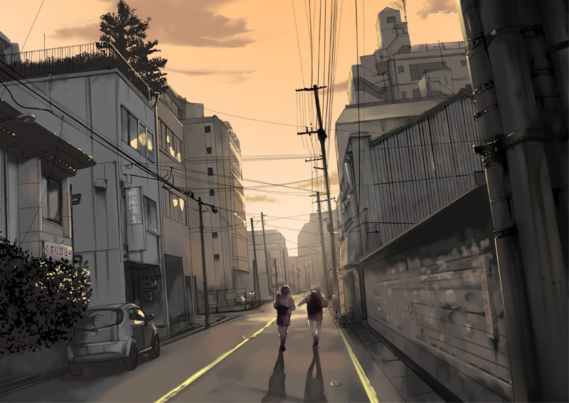 1boy, 1girl, car, dutch_angle, ground_vehicle, hanaosutarou, motor_vehicle, original