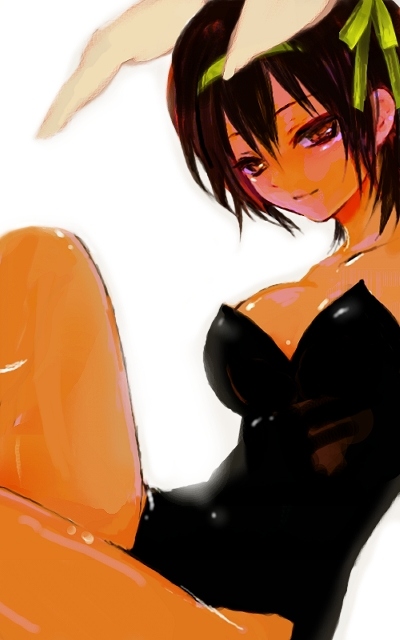 1girl, animal_ears, bare_legs, bunnysuit, hiro_(pixiv), rabbit_ears, simple_background, smile