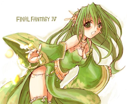 1girl, copyright_name, final_fantasy, final_fantasy_iv, green_hair, kotonemaru, leaning_forward, long_hair, lowres, open_mouth, rydia, solo, thigh-highs