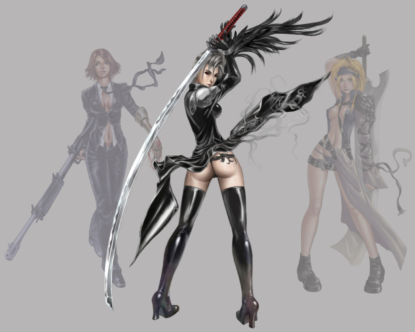 3girls, ass, boots, breasts, cleavage, cloud_strife, cloud_strife_(cosplay), cosplay