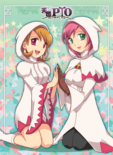 2girls, black_legwear, brown_hair, cosplay, costume_switch, final_fantasy, final_fantasy_iii, final_fantasy_v, gloves, green_eyes, hood, lenna_charlotte_tycoon, lowres, multiple_girls, pantyhose, pink_hair, refia, short_hair, souchi, violet_eyes, white_mage