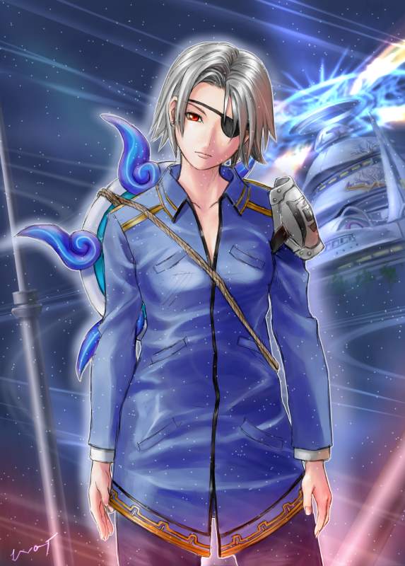 1girl, arms_at_sides, balamb_garden, closed_mouth, cowboy_shot, eyepatch, feet_out_of_frame, female, final_fantasy, final_fantasy_viii, fuujin_(ff8), grey_hair, long_sleeves, looking_at_viewer, pauldrons, red_eyes, short_hair, shuriken, silver_hair, solo, standing