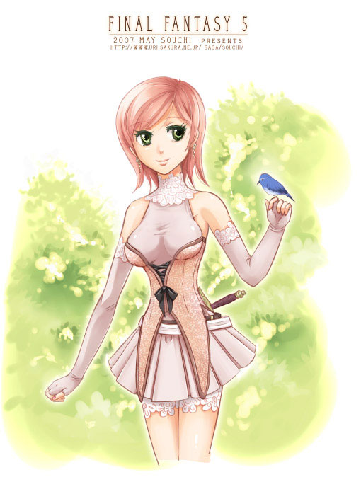 00s, 1girl, 2007, bird, bird_on_hand, copyright_name, corset, elbow_gloves, final_fantasy, final_fantasy_v, gloves, green_eyes, knife, lace, leggings, lenna_charlotte_tycoon, pink_hair, short_hair, solo, souchi