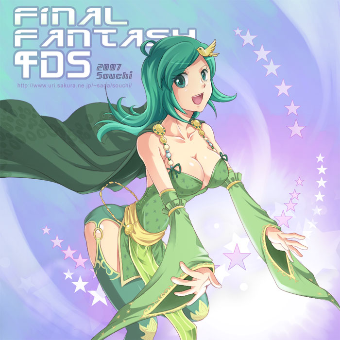 1girl, breasts, cleavage, detached_sleeves, final_fantasy, final_fantasy_iv, green_eyes, green_hair, leaning_forward, rydia, solo, souchi, thigh-highs