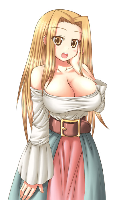 1girl, belt, blonde_hair, blush, breasts, cleavage, d_kurouri, detached_sleeves