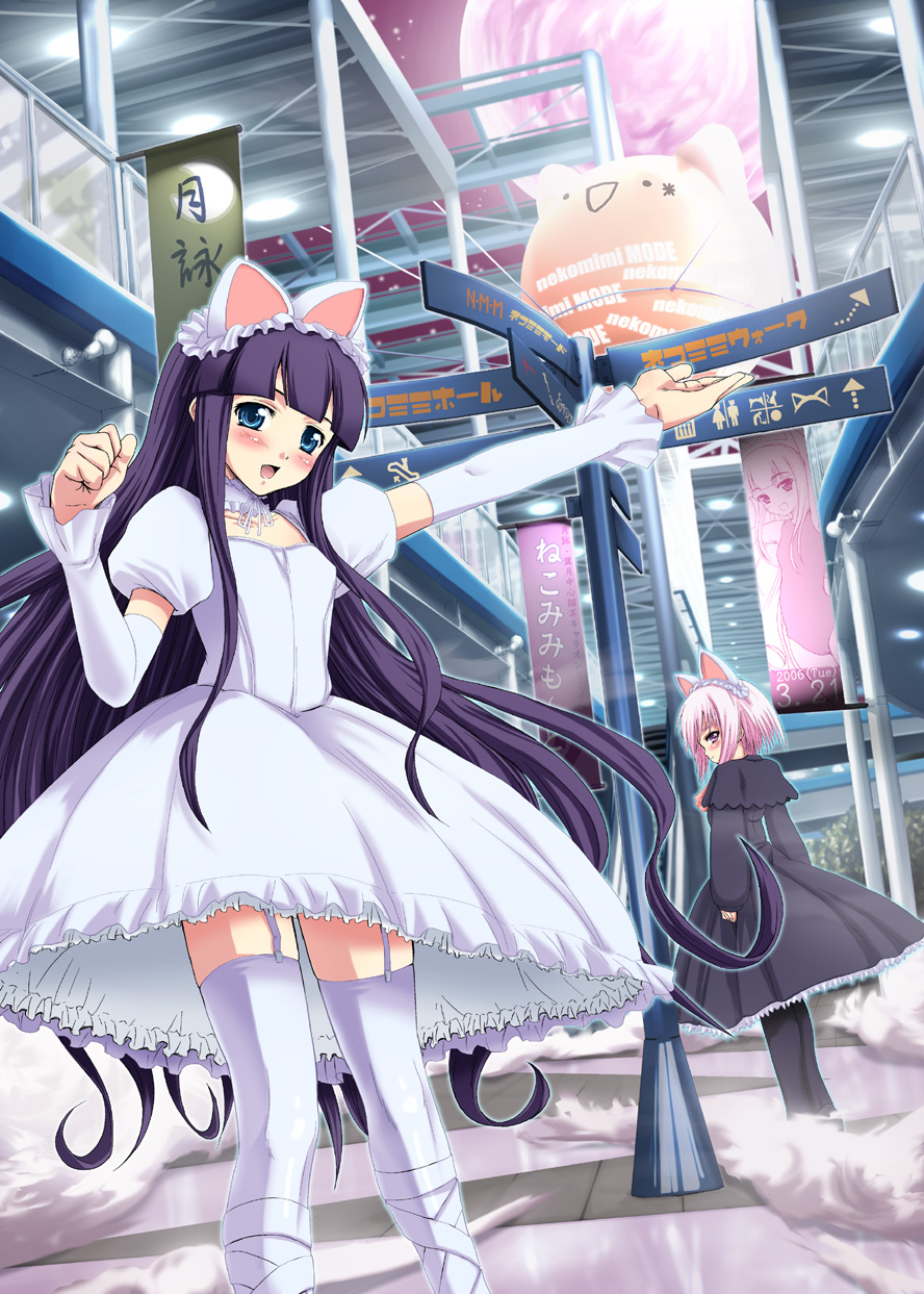 00s, 2girls, animal_ears, artemis, artemis_(tsukuyomi), blue_eyes, cat_ears, garter_belt, hazuki_(tsukuyomi), highres, inuga_anahoru, lingerie, long_hair, multiple_girls, pink_eyes, pink_hair, purple_hair, short_hair, thigh-highs, tsukuyomi_moonphase, underwear