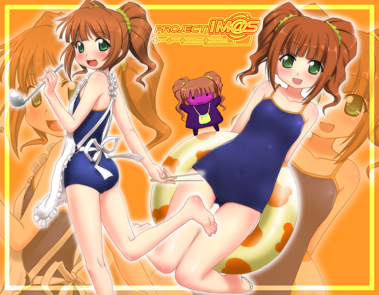1girl, apron, barefoot, chopsticks, competition_school_swimsuit, feet, idolmaster, jpeg_artifacts