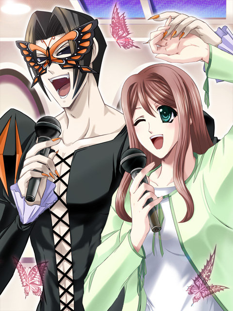 1boy, 1girl, ;d, arm_up, black_hair, brown_hair, busou_renkin, collarbone