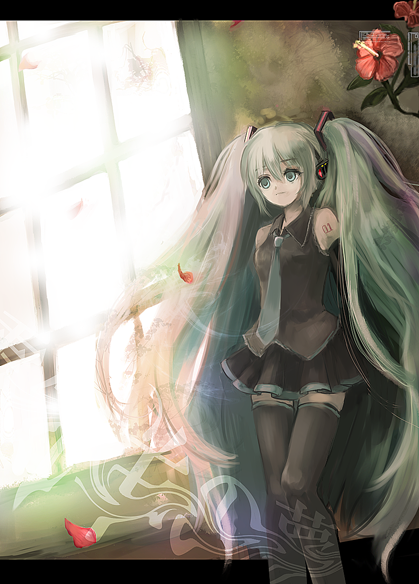 1girl, aqua_hair, flower, hatsune_miku, hibiscus, leche, outside_border, solo, thigh-highs, twintails, vocaloid, window, zettai_ryouiki