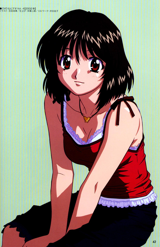 00s, 1girl, black_hair, breasts, brown_eyes, cleavage, gouda_hiroaki, herikawa_koishi