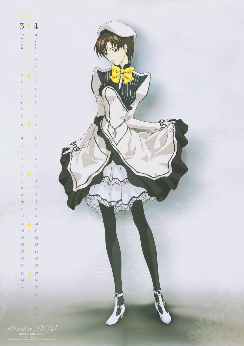 1girl, absurdres, asymmetrical_clothes, brown_hair, calendar, cross, evangelion:_1.0_you_are_(not)_alone, fukano_youichi