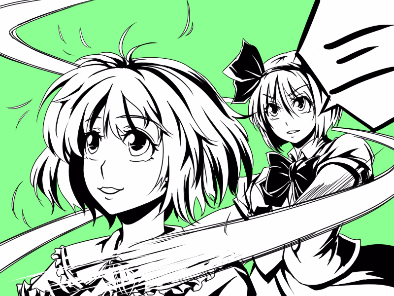 2girls, antenna_hair, bad_id, bow, bowtie, collar, dress, female