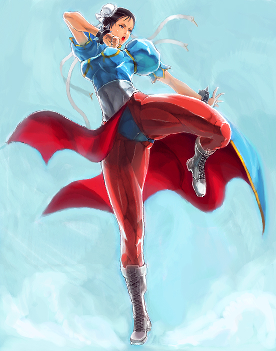 1girl, 90s, blush, boots, breasts, brown_eyes, brown_hair, bun_cover, capcom, china_dress, chinese_clothes, chun-li, double_bun, dress, female, high_kick, kicking, large_breasts, legs, muscle, panties, pantyhose, pantyshot, pelvic_curtain, sash, short_hair, sketch, sochie, solo, street_fighter, street_fighter_ii, thick_thighs, thighs, underwear