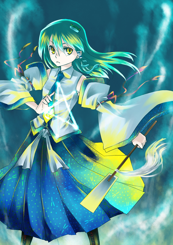 1girl, black_legwear, blue_skirt, detached_sleeves, female, frog_hair_ornament, green_eyes, green_hair