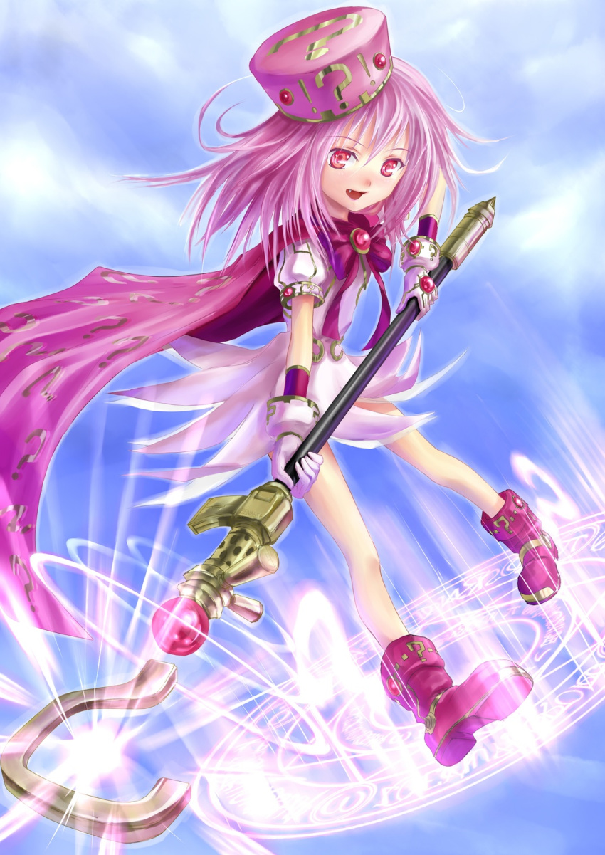 1girl, bad_id, benesse, boots, hat, hatena_yousei, highres, lyrical_nanoha, mahou_shoujo_lyrical_nanoha, parody, phase, pink_boots, pink_hat, solo
