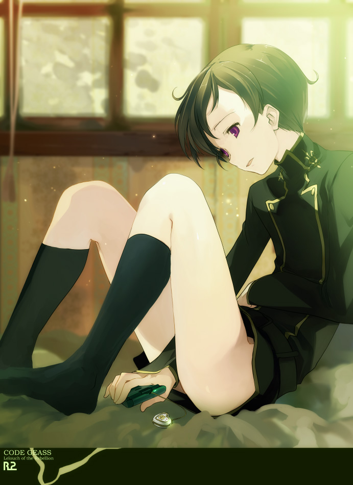 bed, between_thighs, black_legwear, bottomless, brown_hair, cellphone, code_geass, feet