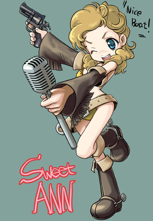 1girl, bad_id, cocked_hammer, detached_sleeves, gun, handgun, hibari_makoto, holding