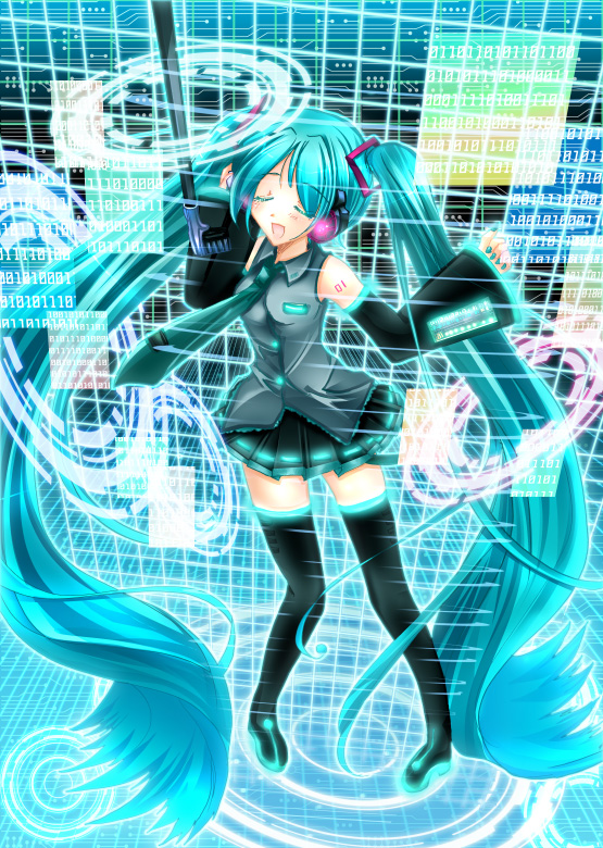 1girl, aqua_hair, bad_id, closed_eyes, hatsune_miku, microphone, music, sakayaki_(burning_soul)