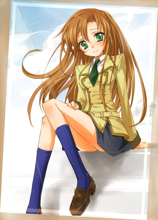 1girl, black_skirt, blue_legwear, brown_hair, code_geass, collar, formal, green_eyes