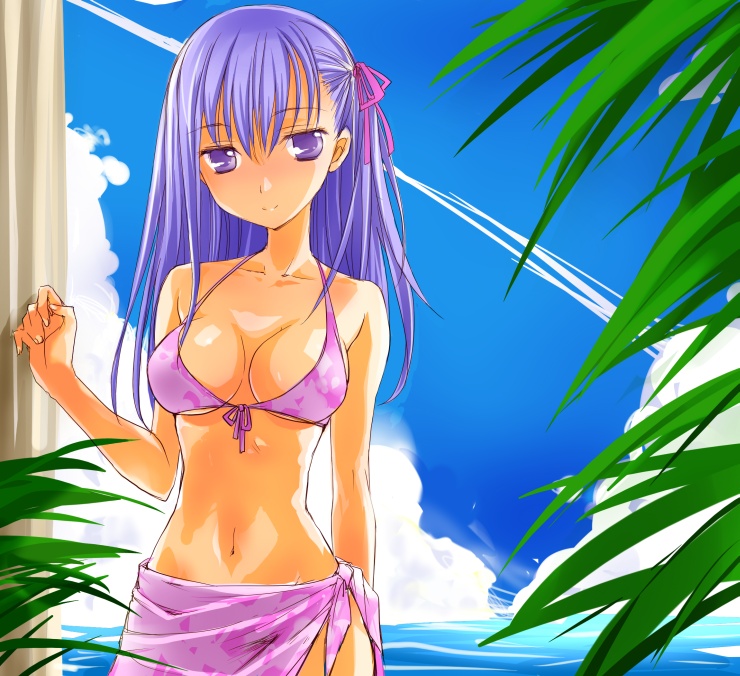 1girl, bikini, blue_sky, clouds, fate/stay_night, fate_(series), horizon, long_hair, looking_at_viewer, matou_sakura, navel, no_pupils, pink_bikini, purple_hair, sarong, sky, smile, solo, swimsuit, tanuki_neiri, violet_eyes, water
