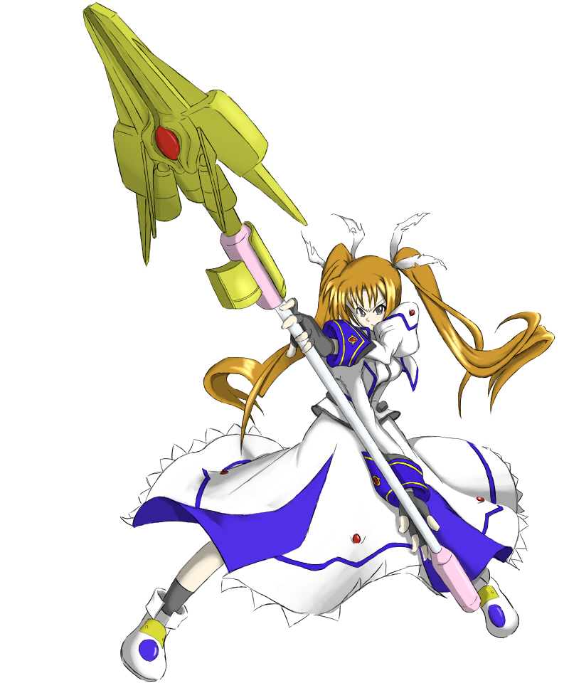1girl, ankle_boots, bad_id, blue_eyes, boots, brown_hair, dress, fingerless_gloves, gloves, long_hair, long_sleeves, looking_at_viewer, lyrical_nanoha, magical_girl, mahou_shoujo_lyrical_nanoha, mahou_shoujo_lyrical_nanoha_strikers, raising_heart, simple_background, solo, takamachi_nanoha, todo_(artist), twintails, very_long_hair, white_background, white_dress