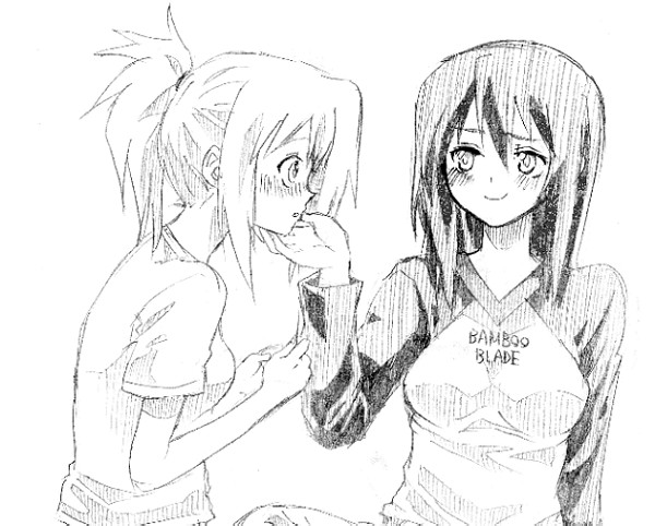 2girls, bamboo_blade, chiba_kirino, kochoko, kuwahara_sayako, monochrome, multiple_girls