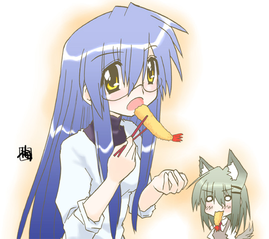 2girls, :o, animal_ears, aono_makishi, blue_hair, blush, eating, empty_eyes, fox_ears, glasses, green_hair, hair_between_eyes, kairakuen_umenoka, long_hair, long_sleeves, looking_at_viewer, multiple_girls, o_o, open_mouth, rimless_glasses, simple_background, surprised, torikoro, upper_body, very_long_hair, white_background, yellow_eyes, yuzaki_tatami