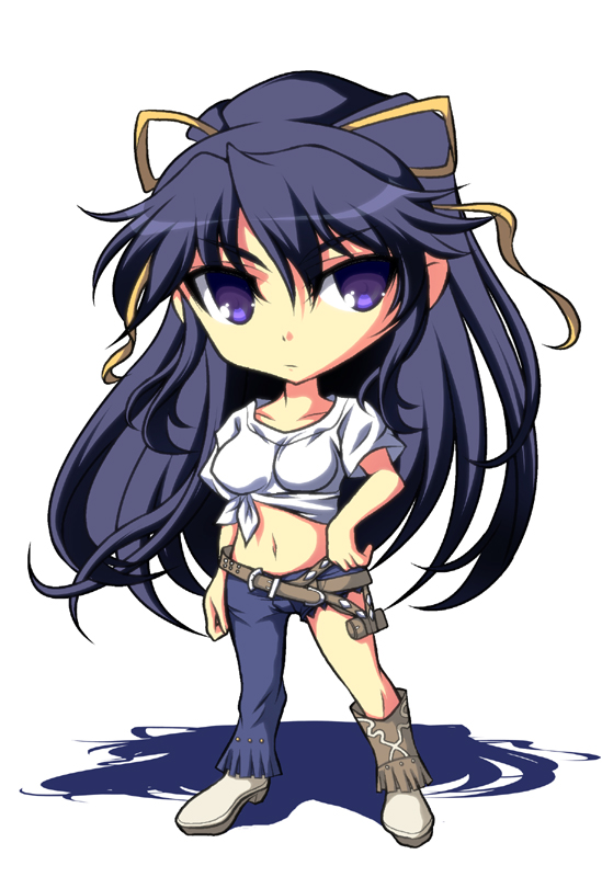 belt, black_hair, chibi, hair_ribbon, hair_ribbons, hand_on_hip, ka2, kanzaki_kaori