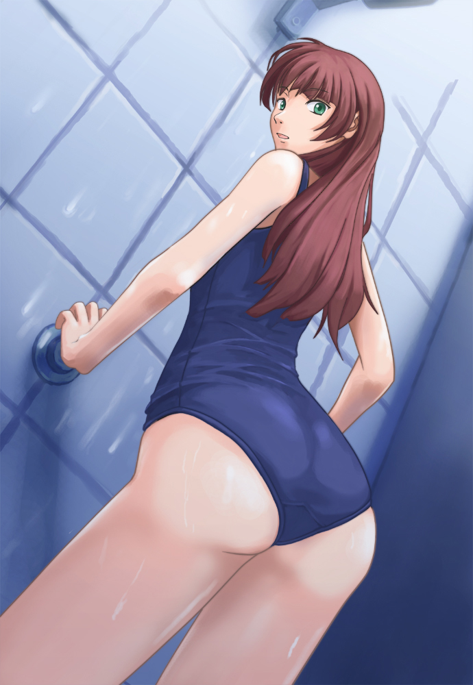 ass, brown_hair, green_eyes, kawa_akira, one-piece_swimsuit, school_swimsuit, swimsuit, taepro