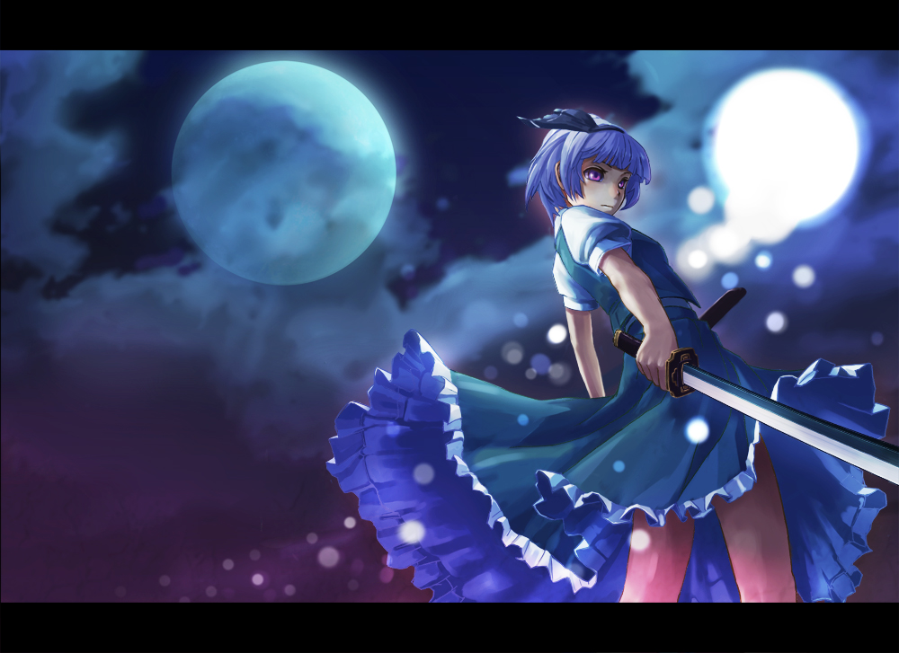 1girl, bad_id, blue_hair, clouds, dress, female, hitodama, kawa_akira